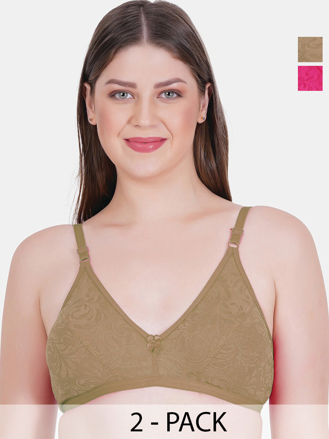 

Reveira Pack Of 2 Medium Coverage Self Design Everyday Bra With All Day Comfort, Brown