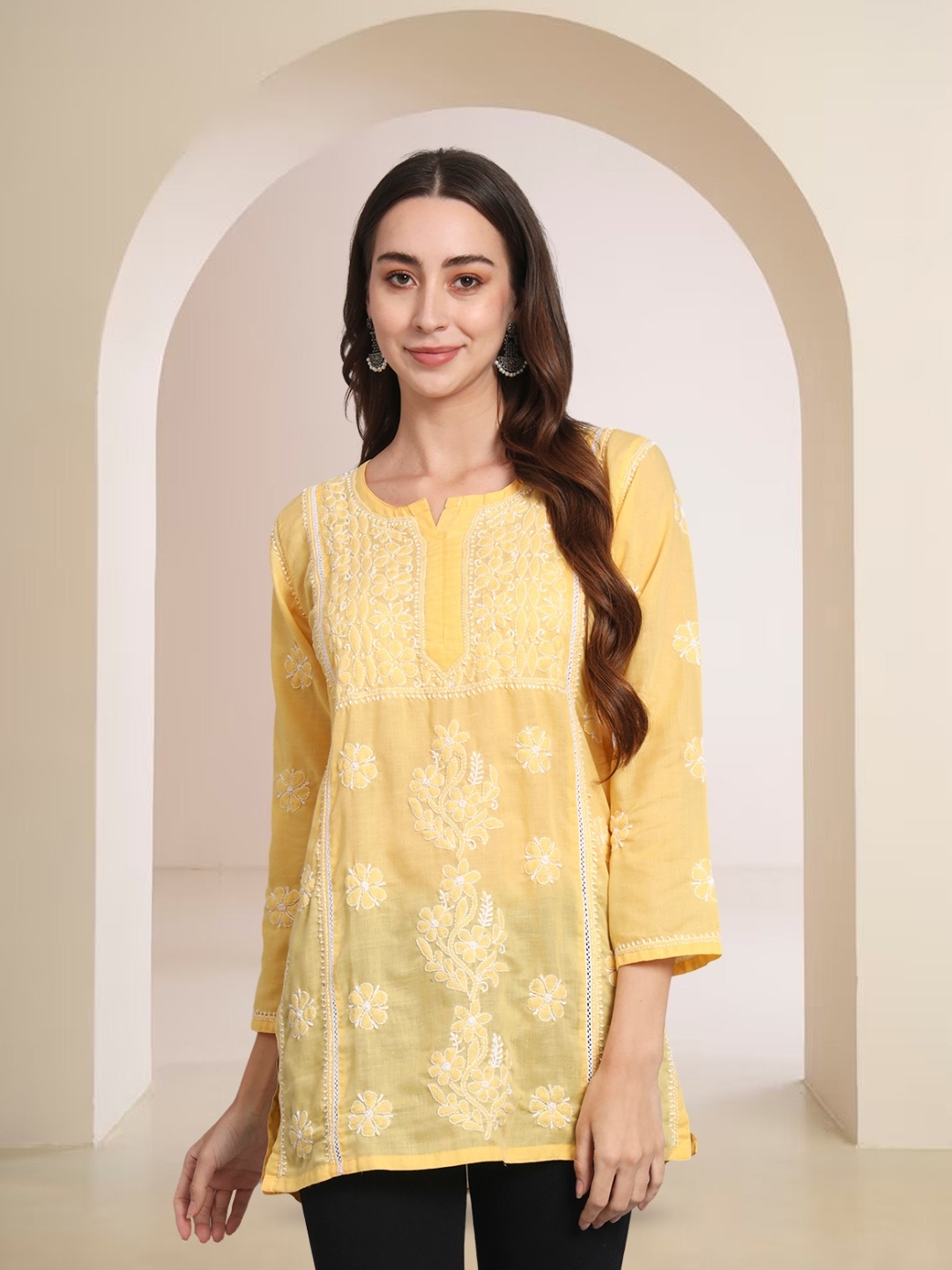 

PARAMOUNT CHIKAN Women Embroidered Lucknowi Chikankari Cotton Kurti, Yellow