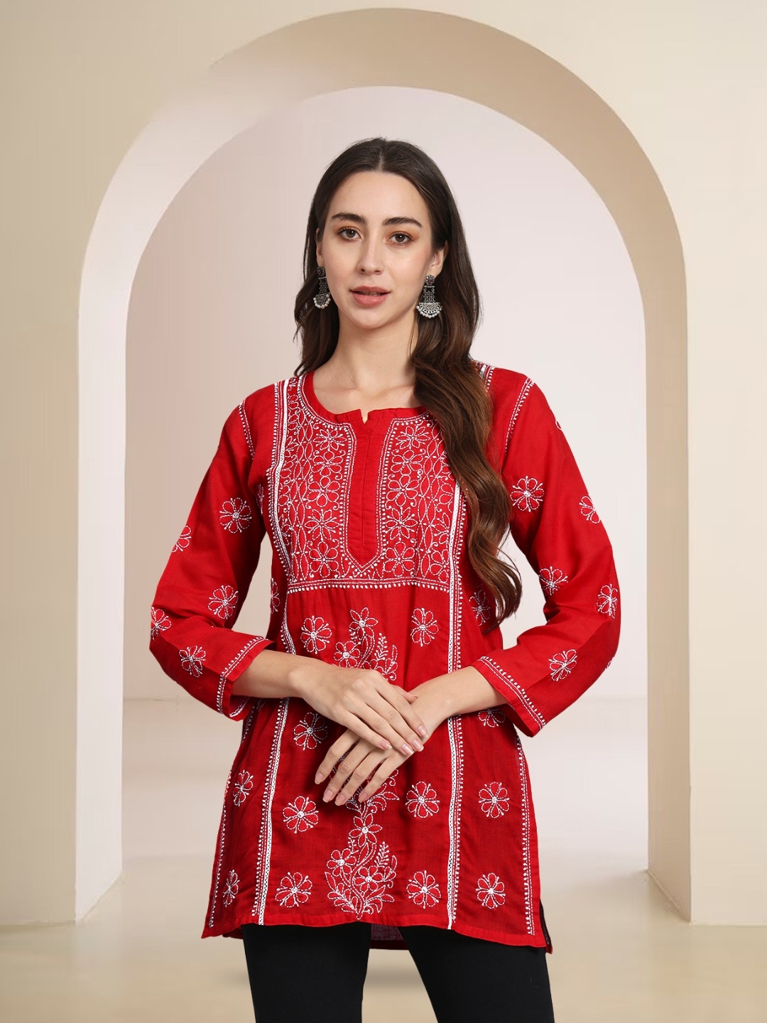 

PARAMOUNT CHIKAN Women Embroidered Lucknowi Chikankari Cotton Kurti, Red