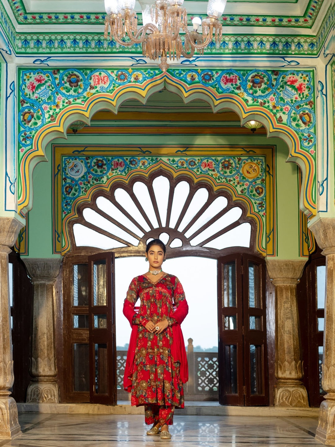 

The Kapas Floral Printed V-Neck Sequinned Kurta with Trousers & Dupatta, Red
