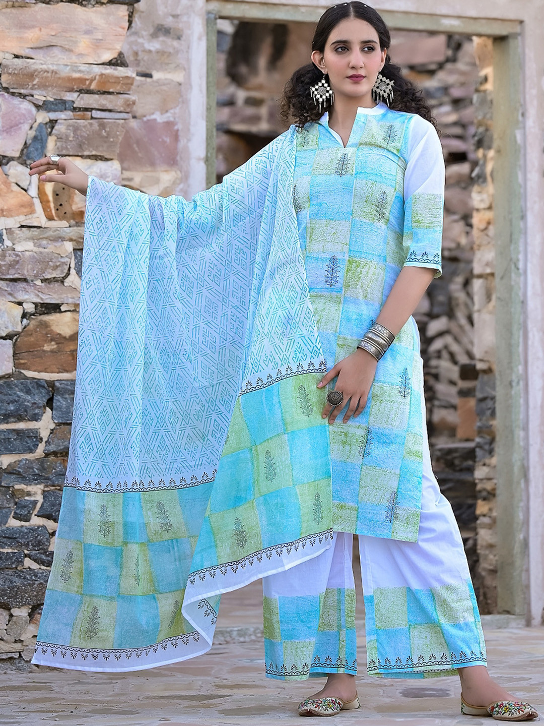 

The Kapas Geometric Printed Mandarin Collar Pure Cotton Kurta With Palazzos & Dupatta, Blue