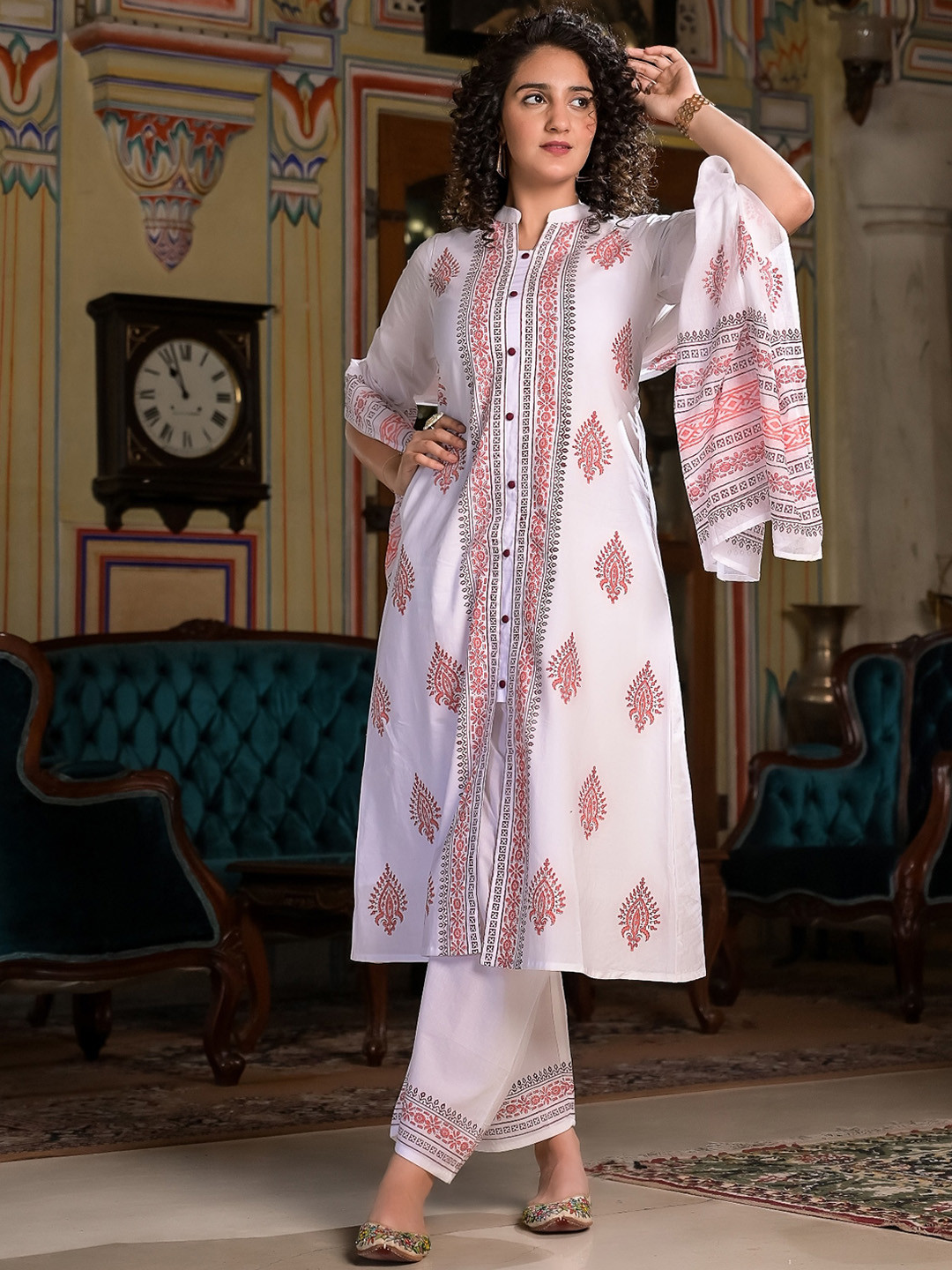 

The Kapas Ethnic Motifs Block Printed Pure Cotton A-Line Kurta With Palazzos & Dupatta, White