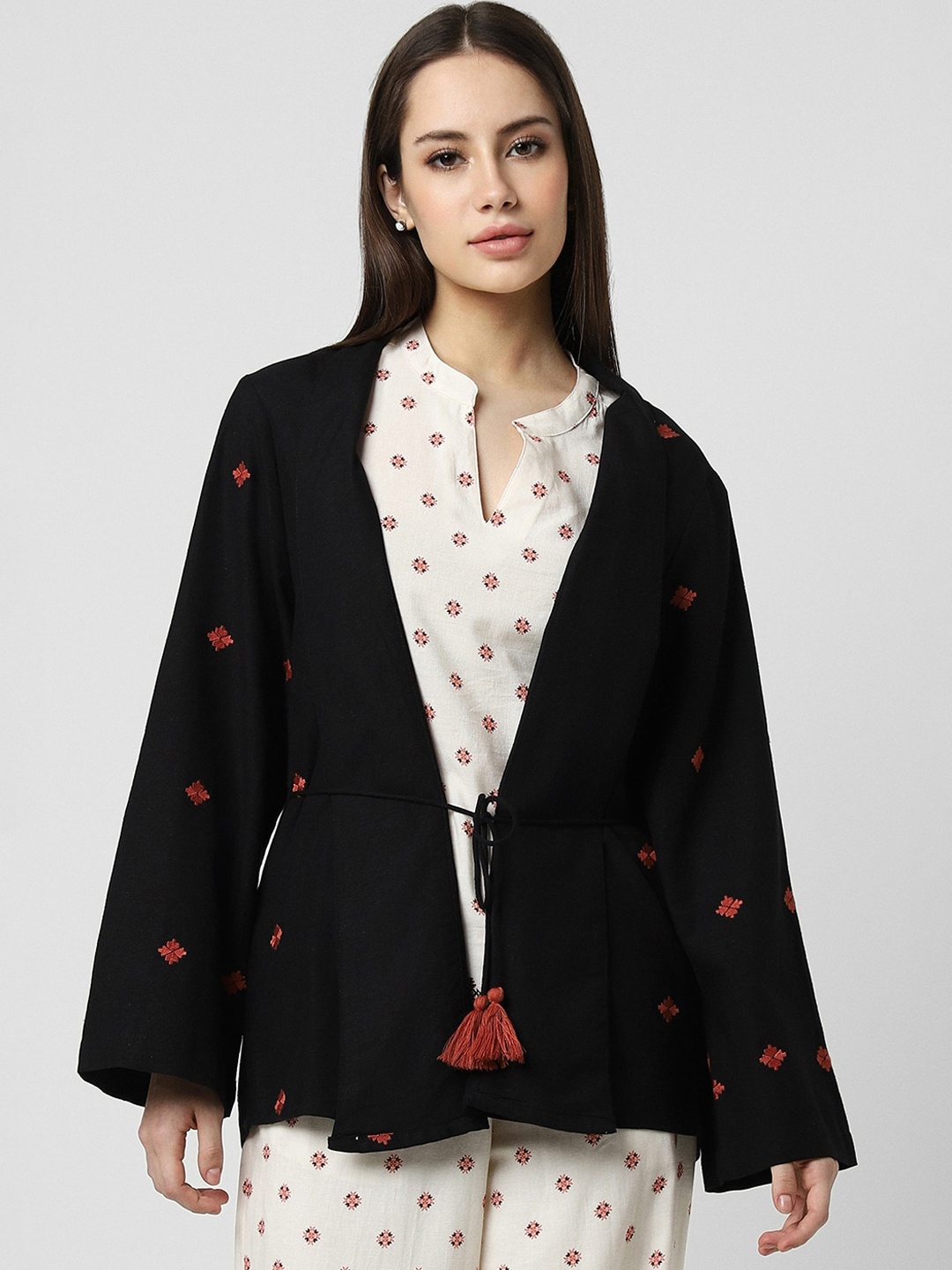 

Van Heusen Woman Geometric Embroidered Open Front Jacket, Black