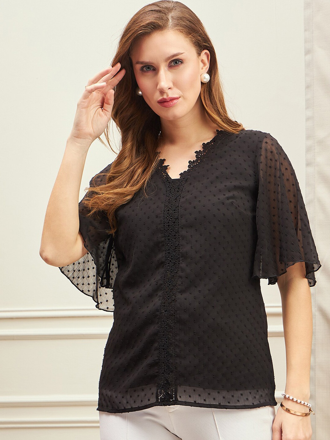 

Berrylush BIZwear Self Design Flared Sleeves Dobby Lace-Up Chiffon Top, Black