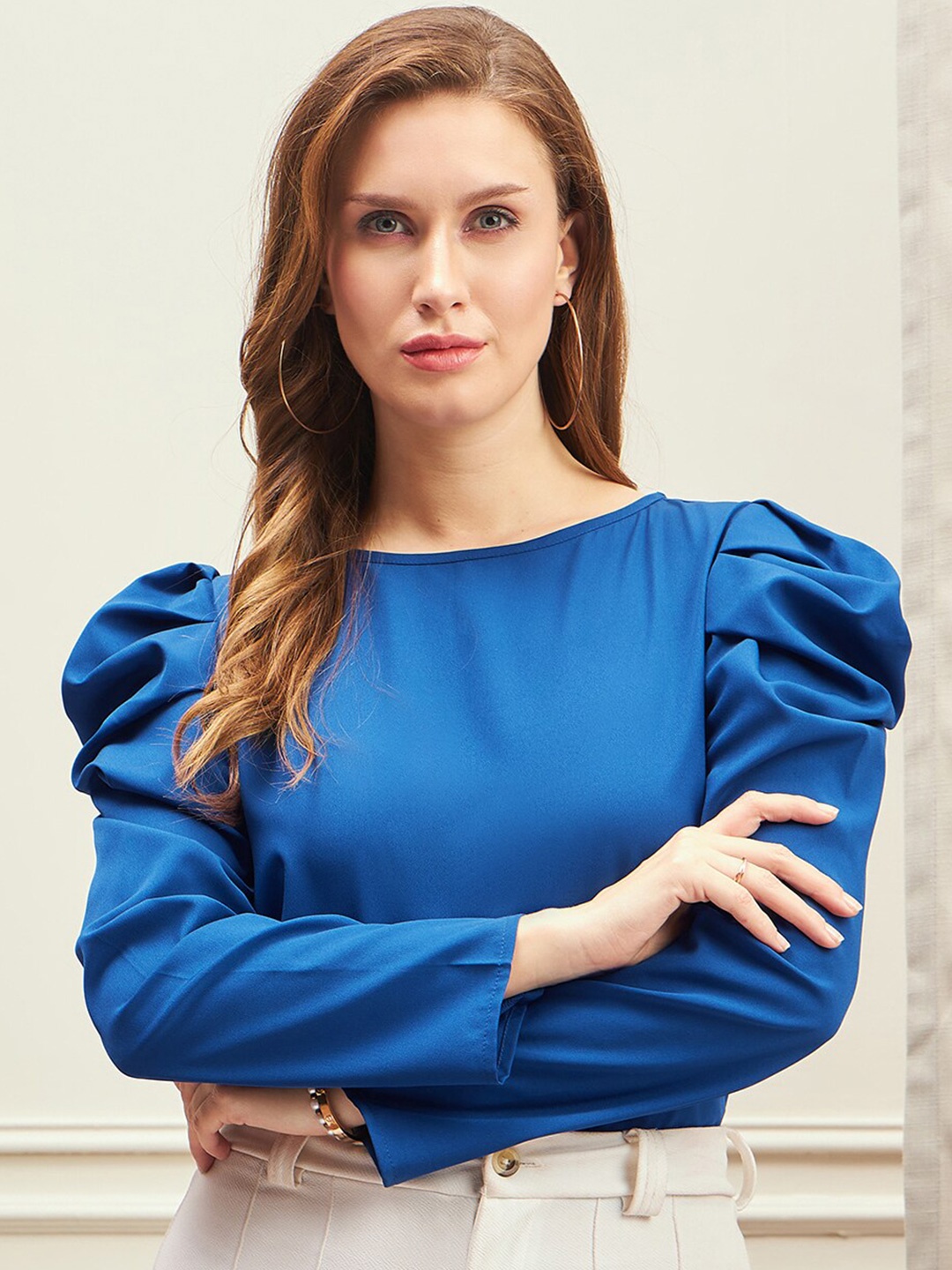 

Berrylush BIZwear Boat Neck Puff Sleeves Top, Blue