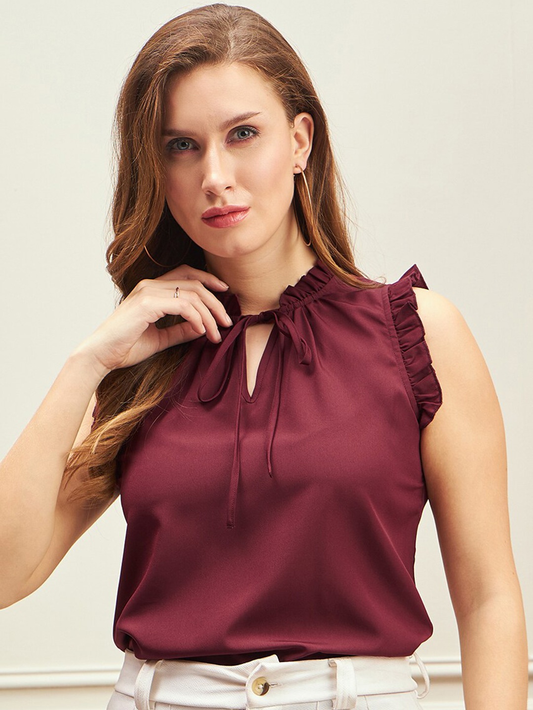 

Berrylush BIZwear Tie Up Neck Ruffles Regular Top, Maroon