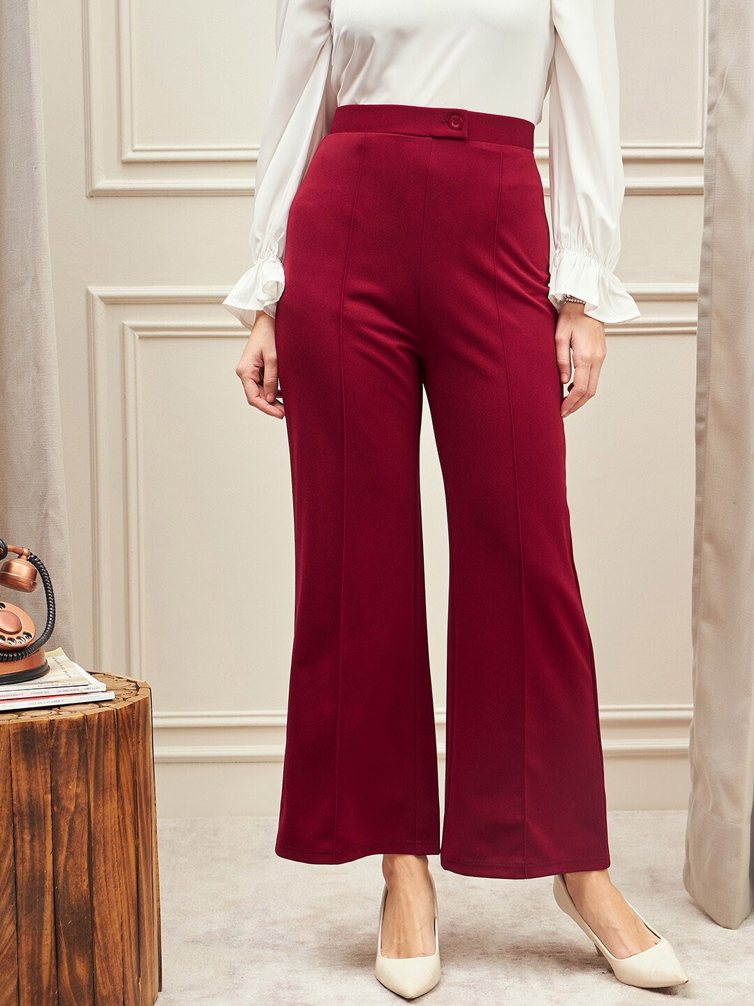 

Berrylush BIZwear Women Relaxed Flared High-Rise Plain Parallel Trousers, Maroon