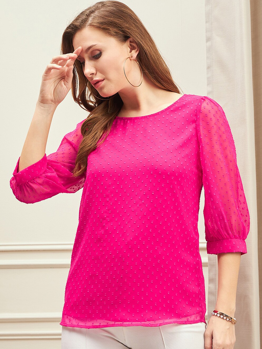 

Berrylush BIZwear Self Design Puff Sleeves Top, Pink