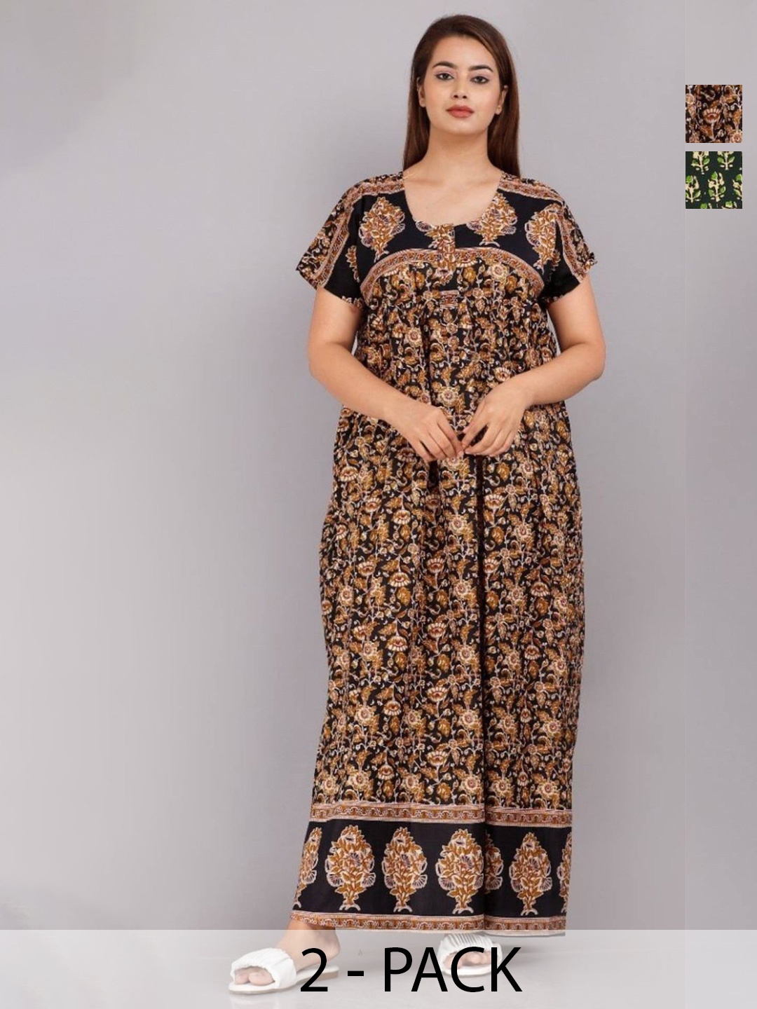 

JVSP FASHION Pack Of 2 Floral Printed Cotton Maxi Nightdress, Black
