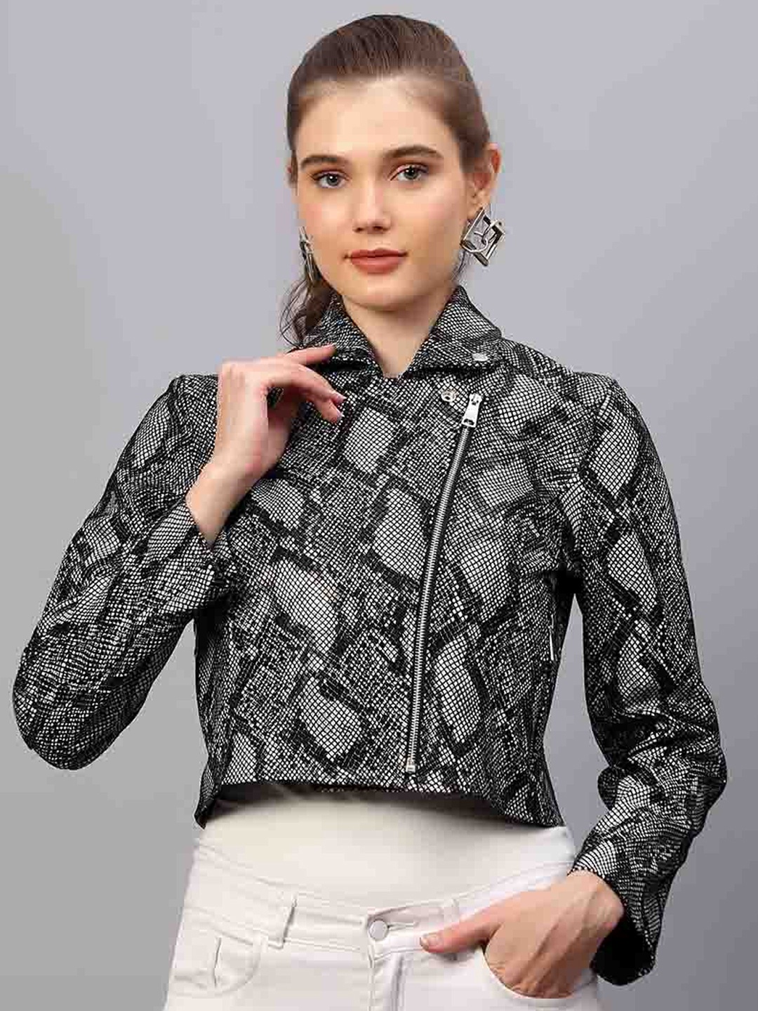 

Saint G Animal Printed Lapel Collar Long Sleeves Water Resistant Crop Leather Jacket, Grey