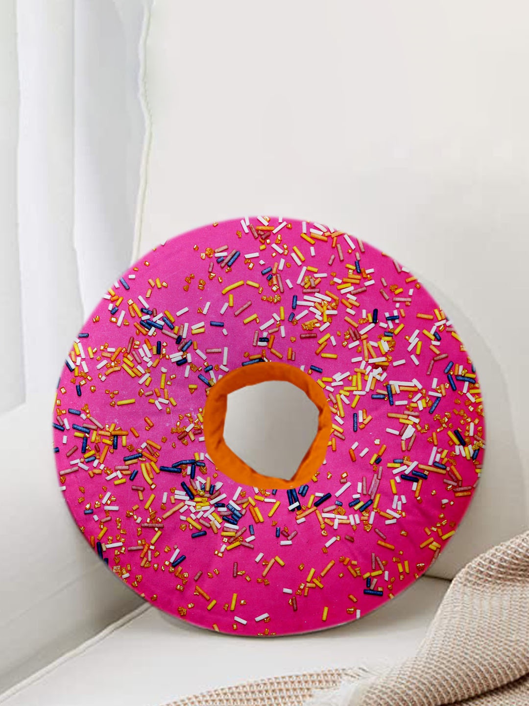 

ME & YOU Pink & Blue Printed Fibre Filling Donut Shape Cushion