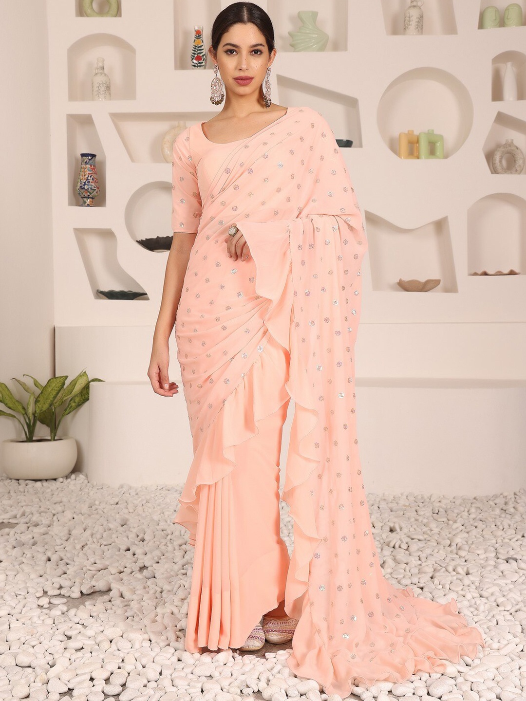 

Ethnovog Embellished Ruffled Saree With Stitched Blouse, Peach