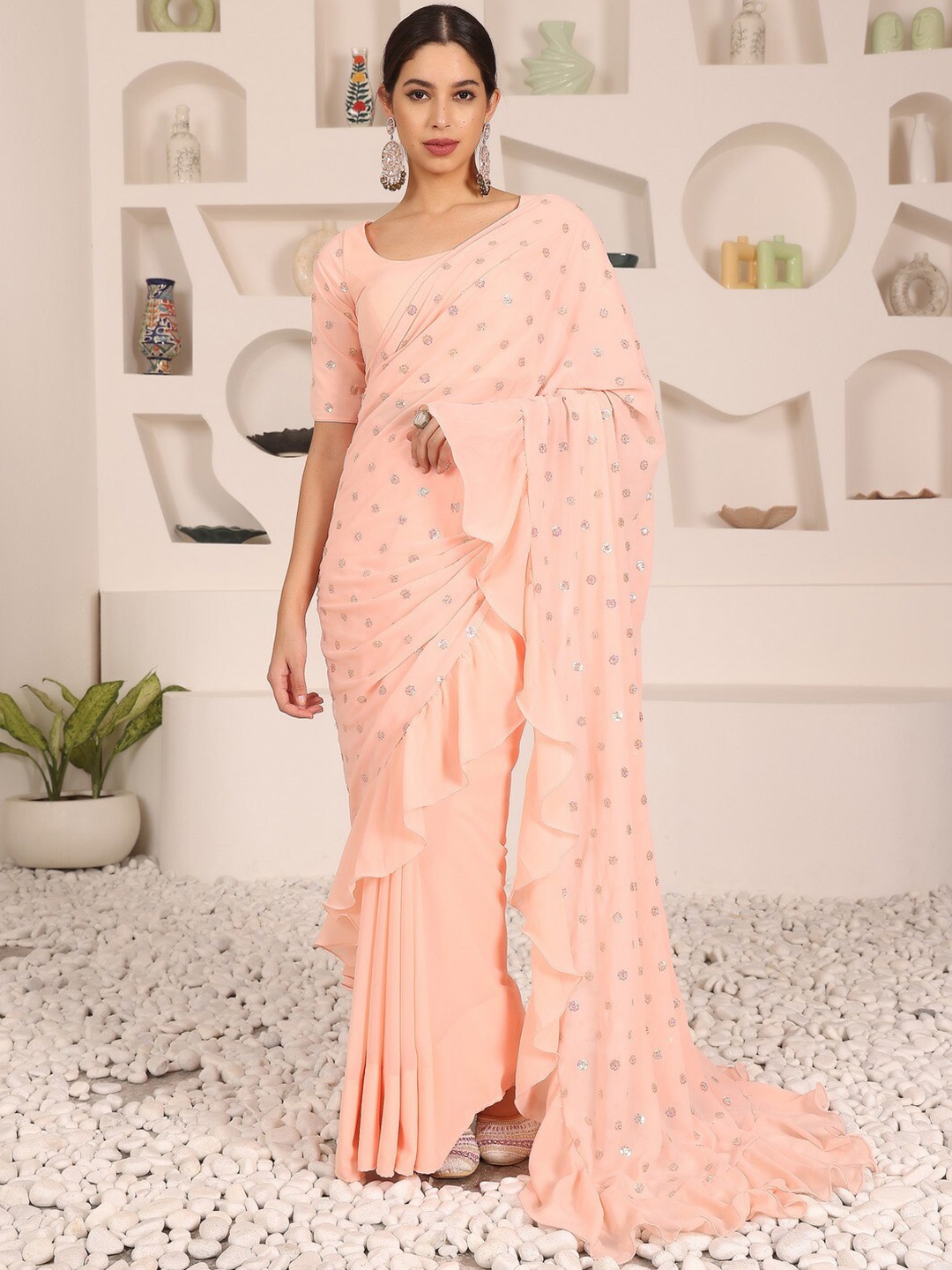 

Ethnovog Floral Embellished Ruffles Saree, Peach