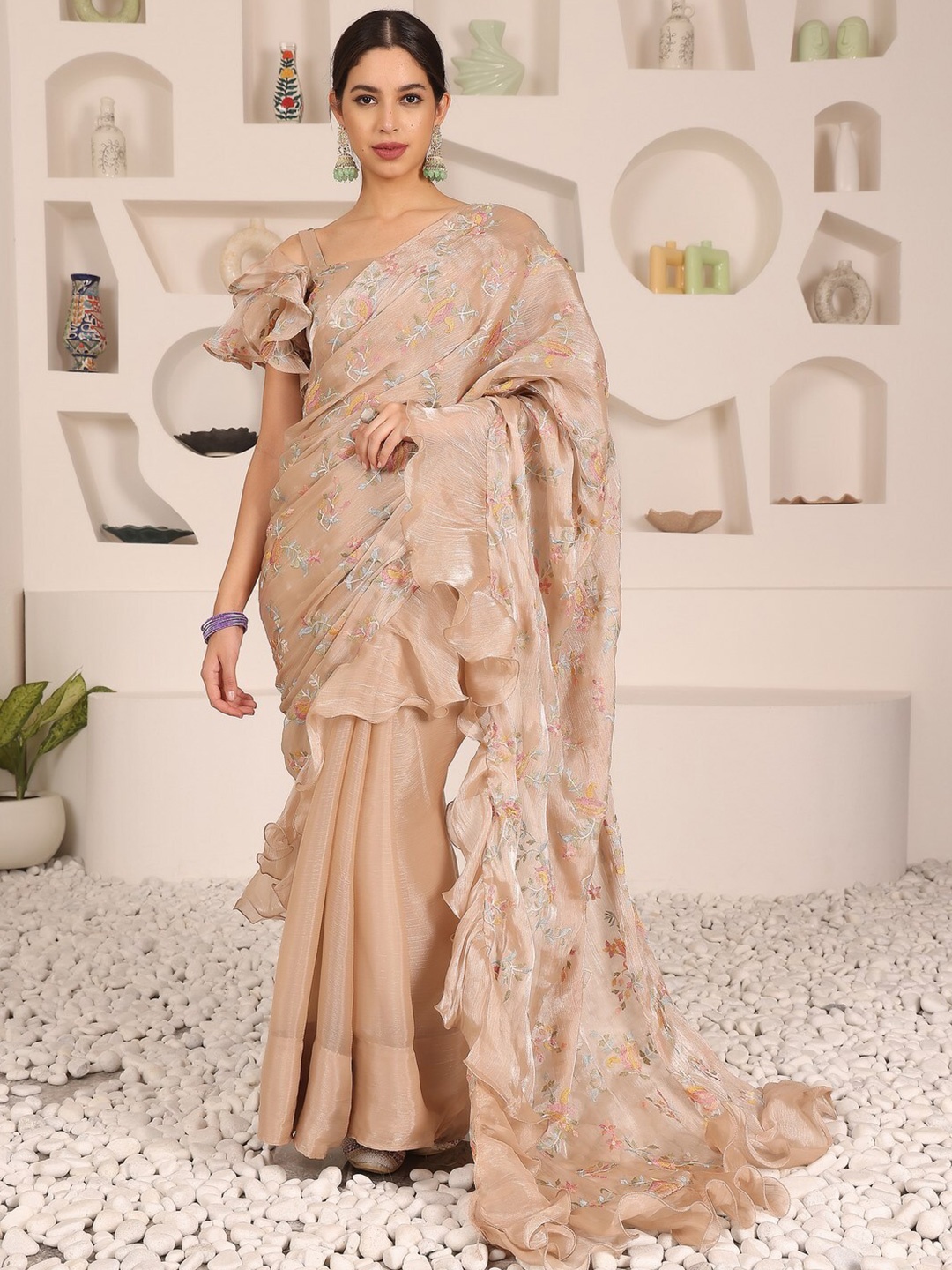 

Ethnovog Floral Embroidered Half and Half Saree With Stitched Blouse, Peach