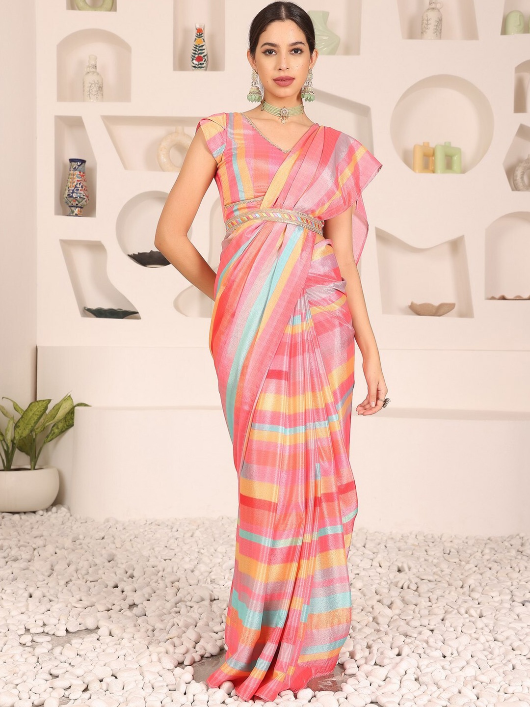 

Ethnovog Striped Chinon Saree With Stitched Blouse, Pink