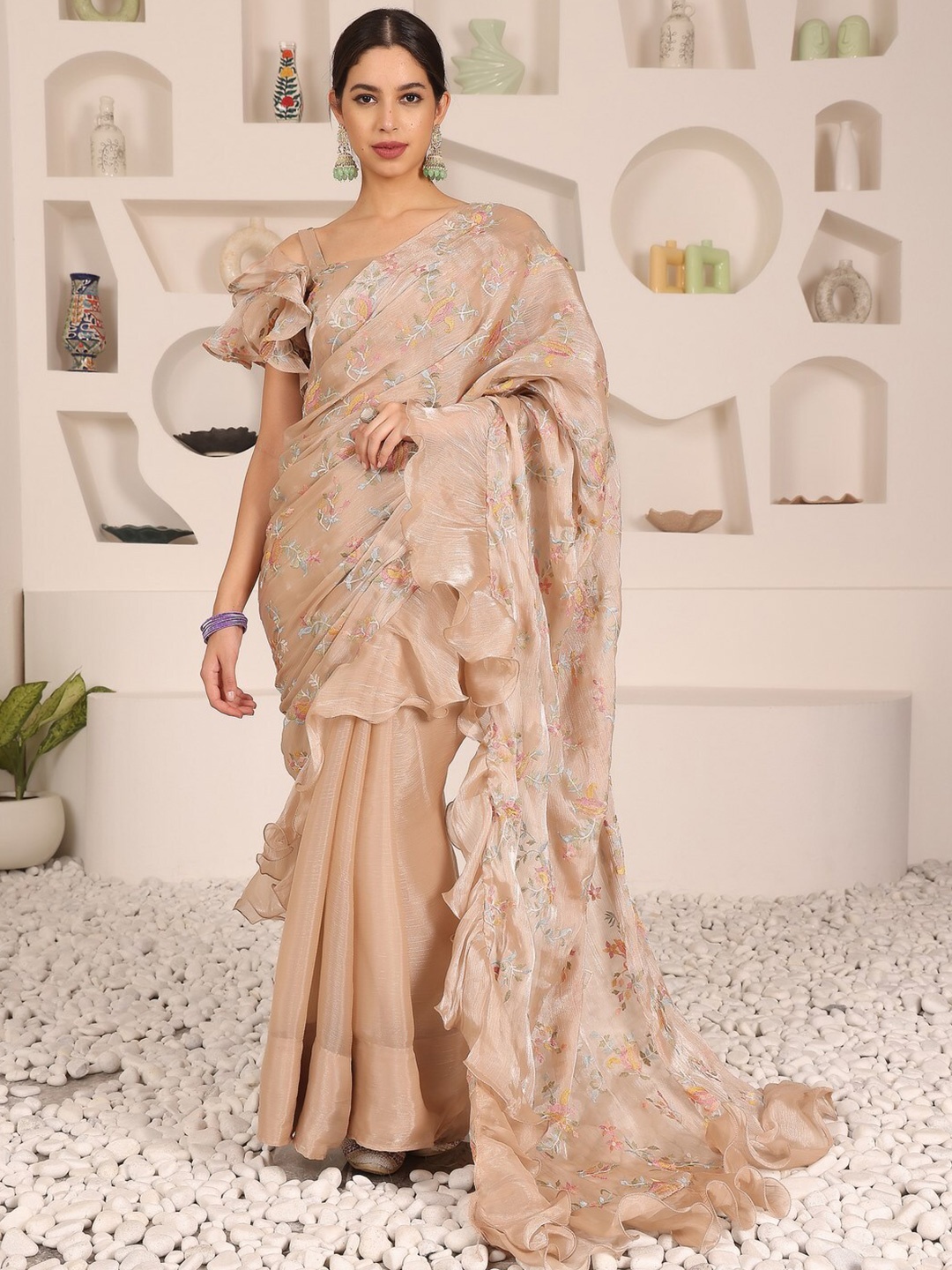 

Ethnovog Floral Embroidered Half & Half Ruffles Saree With Stitched Blouse, Peach