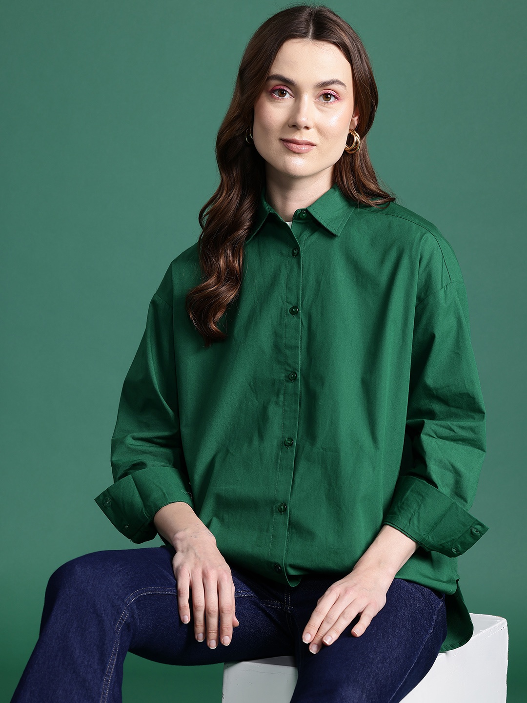 

DressBerry Bizwear Pure Cotton Oversized Casual Shirt, Green