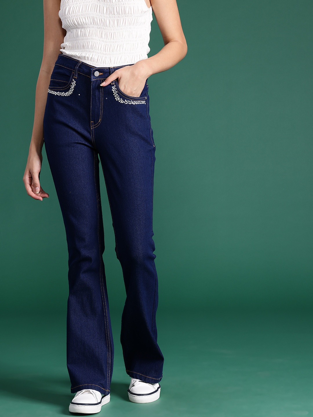 

DressBerry Glam Women Flared Embellished Jeans, Navy blue