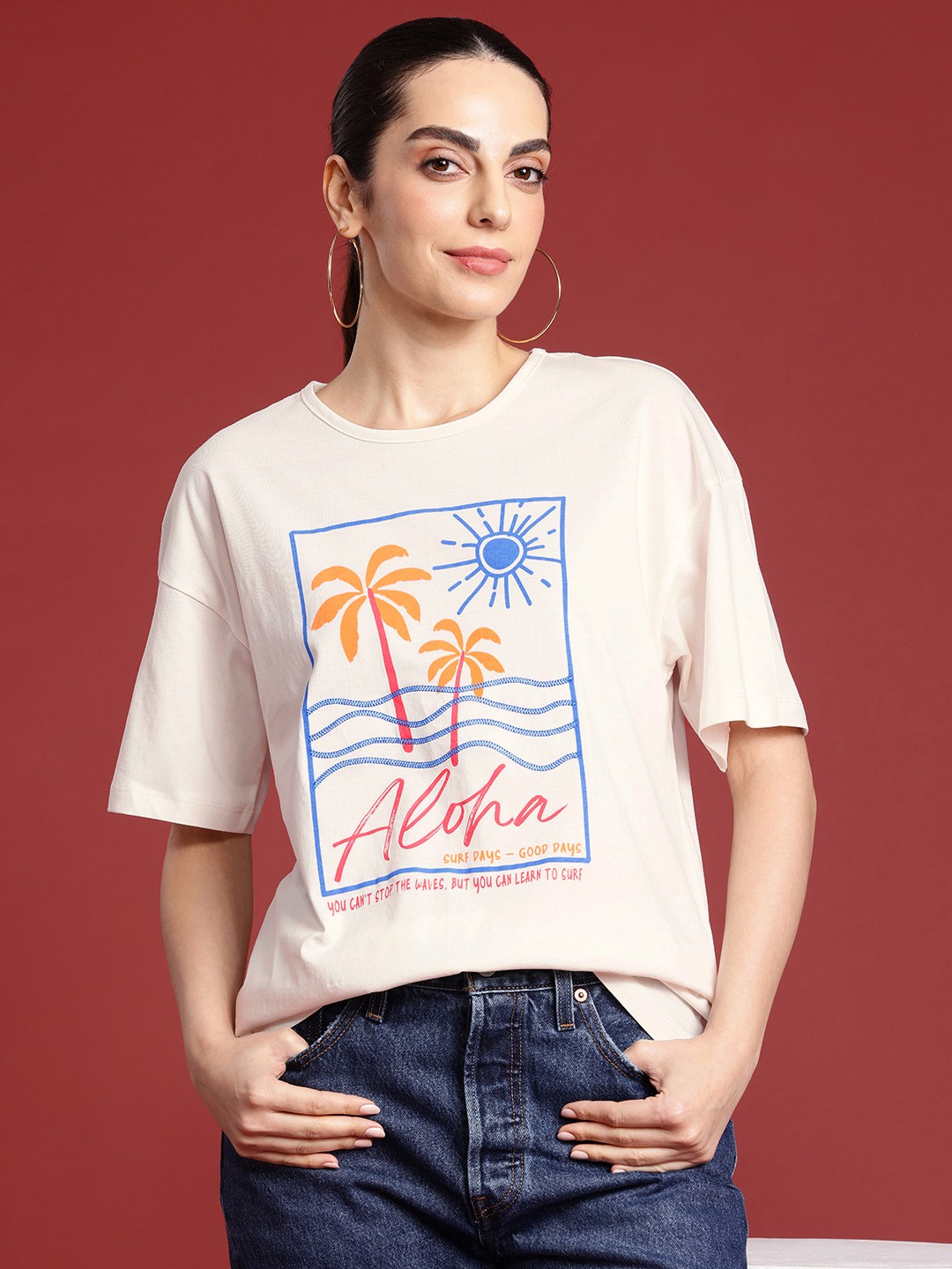 

all about you Printed Drop-Shoulder Sleeves Pure Cotton T-shirt, White