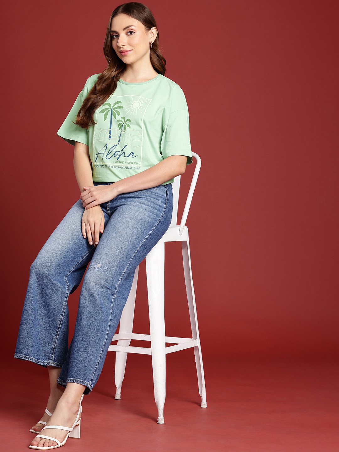 

all about you Printed Drop-Shoulder Sleeves Pure Cotton T-shirt, Sea green