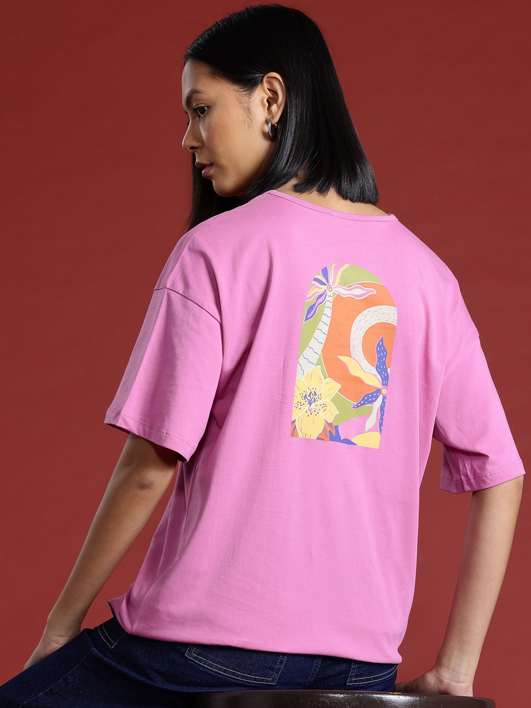 

all about you Typography Printed Drop-Shoulder Sleeves Pure Cotton T-shirt, Pink