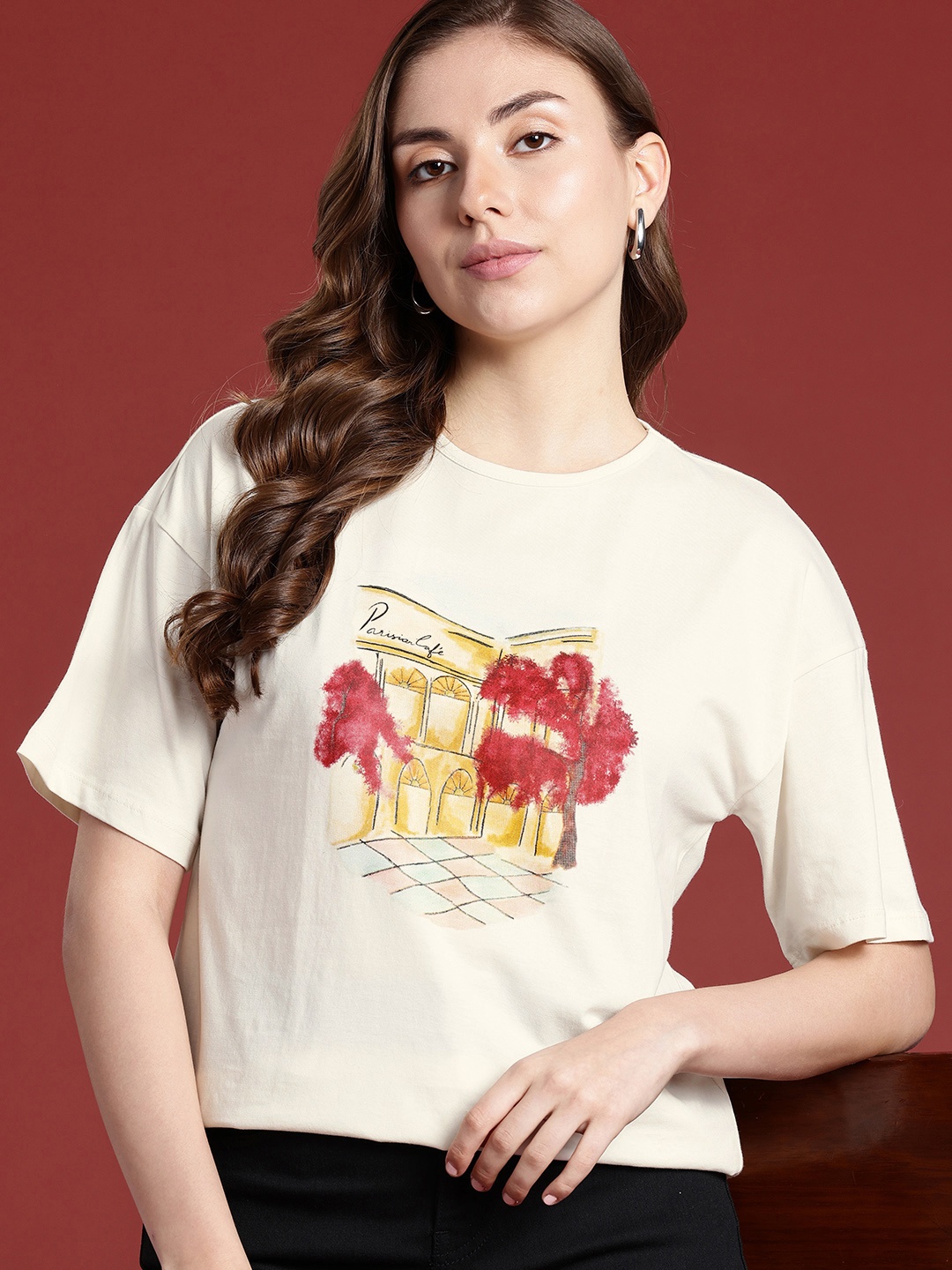 

all about you Printed Drop-Shoulder Sleeves Pure Cotton T-shirt, Off white