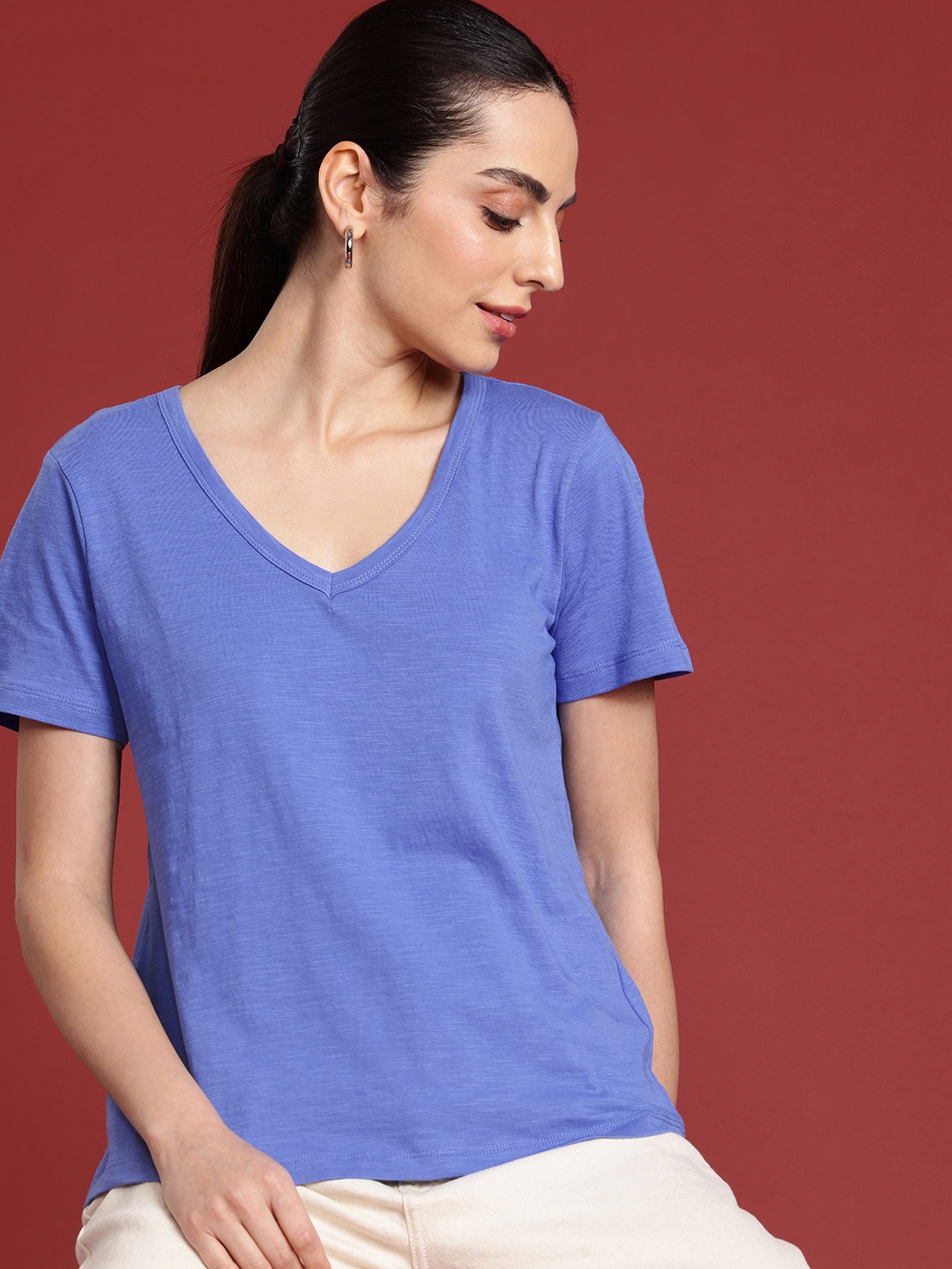 

all about you Women V-Neck Pure Cotton T-shirt, Blue