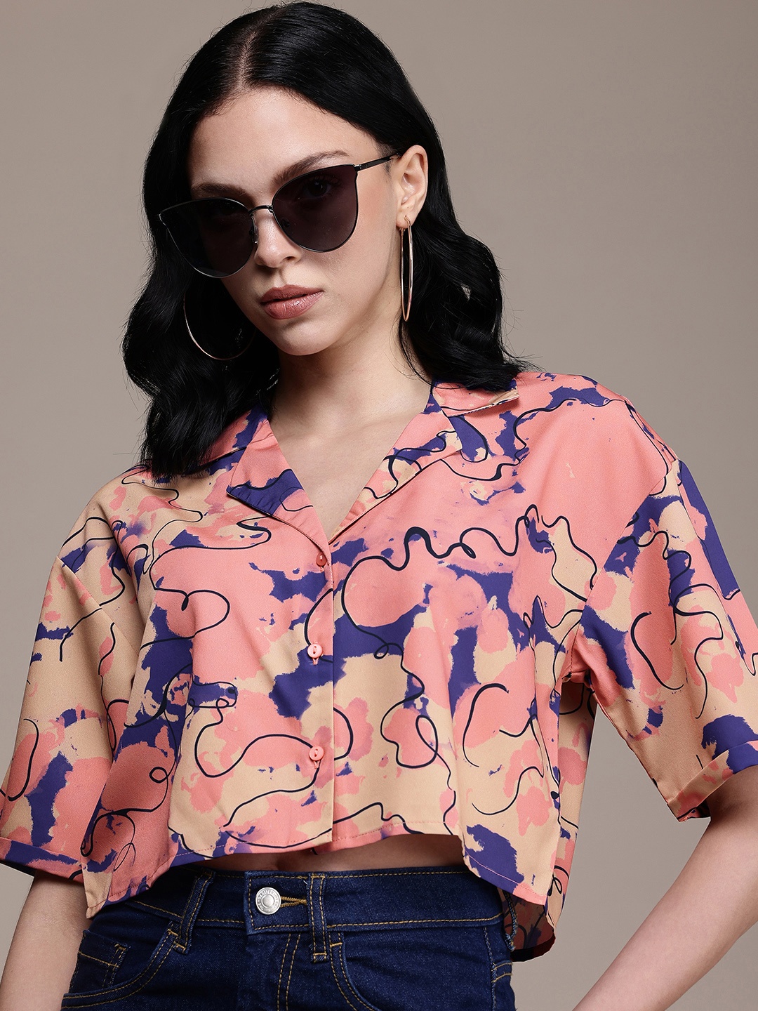 

The Roadster Life Co. Printed Cropped Casual Shirt, Peach