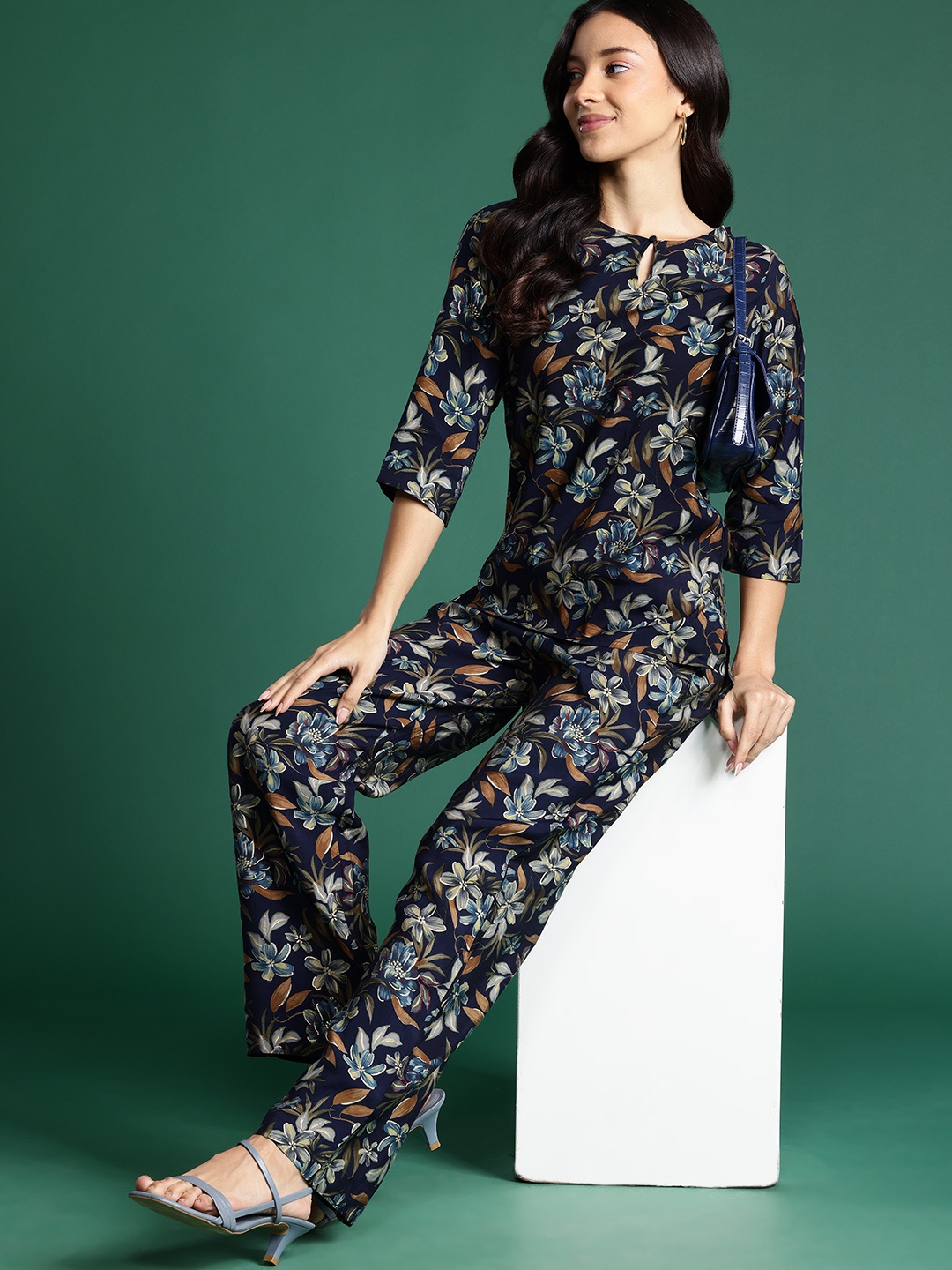 

DressBerry Floral Printed Tunic With Trousers Co-Ords, Navy blue