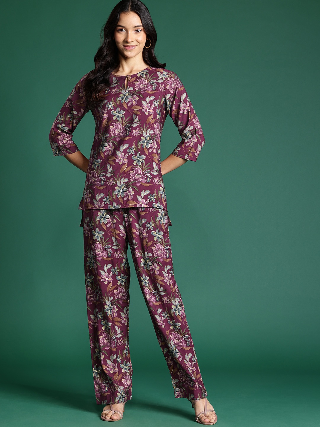 

DressBerry Floral Printed Tunic With Trousers Co-Ords, Burgundy