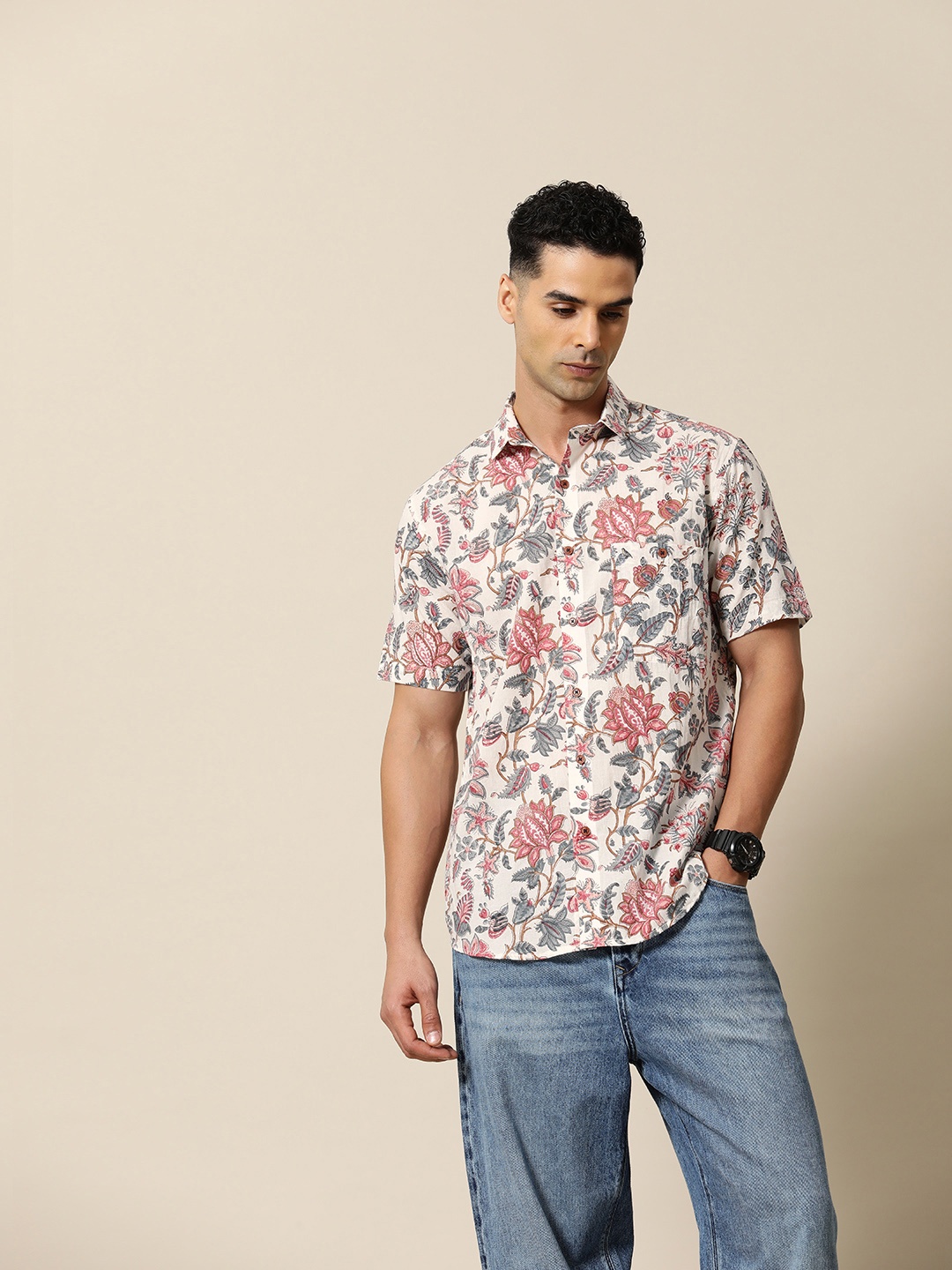 

Mr Bowerbird Pure Cotton Liberal Fit Baagh Hand Block Printed Urban Shirt, White