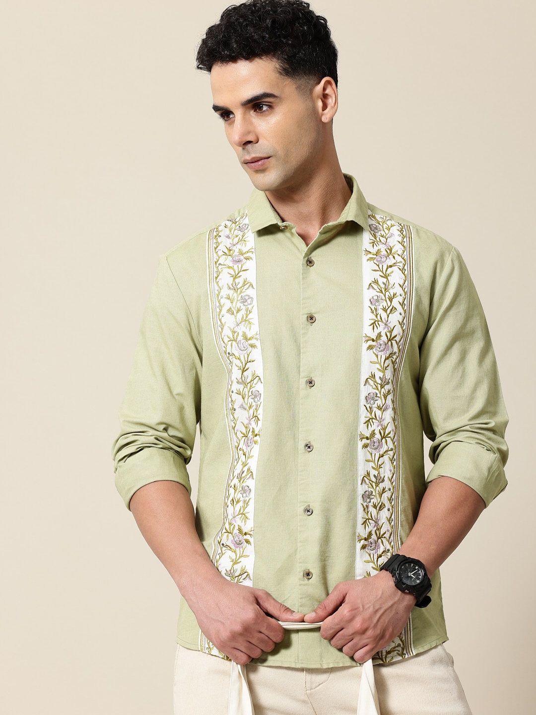 

Mr Bowerbird Cotton Linen Tailored Fit Floral Embroidered Opaque Casual Shirt, Green