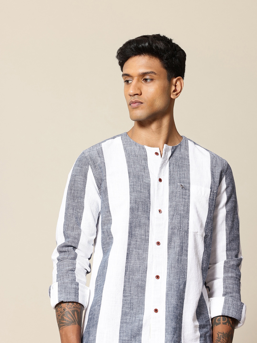 

Mr Bowerbird Liberal Fit Self Striped Cotton Linen Casual Shirt, White