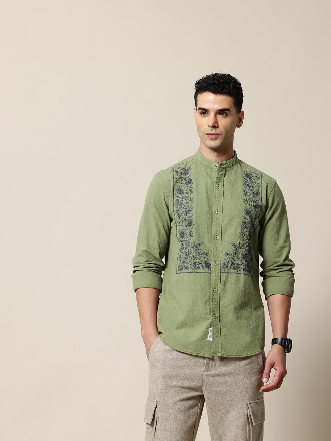 

Mr Bowerbird Pure Cotton Tailored Fit Rumi Bib Embroidered Shirt, Green