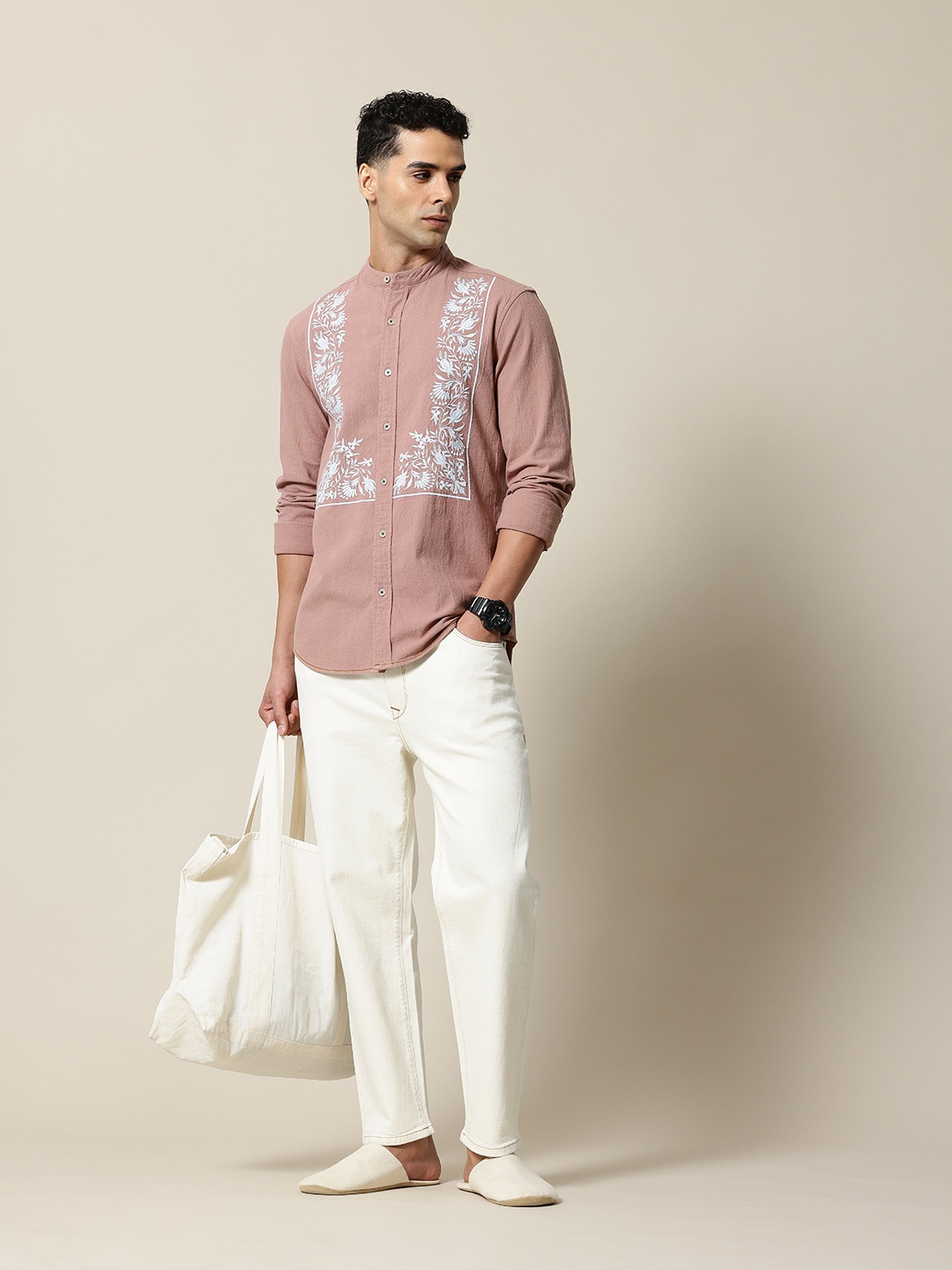

Mr Bowerbird Pure Cotton Tailored Fit Rumi Bib Embroidery Shirt, Mauve