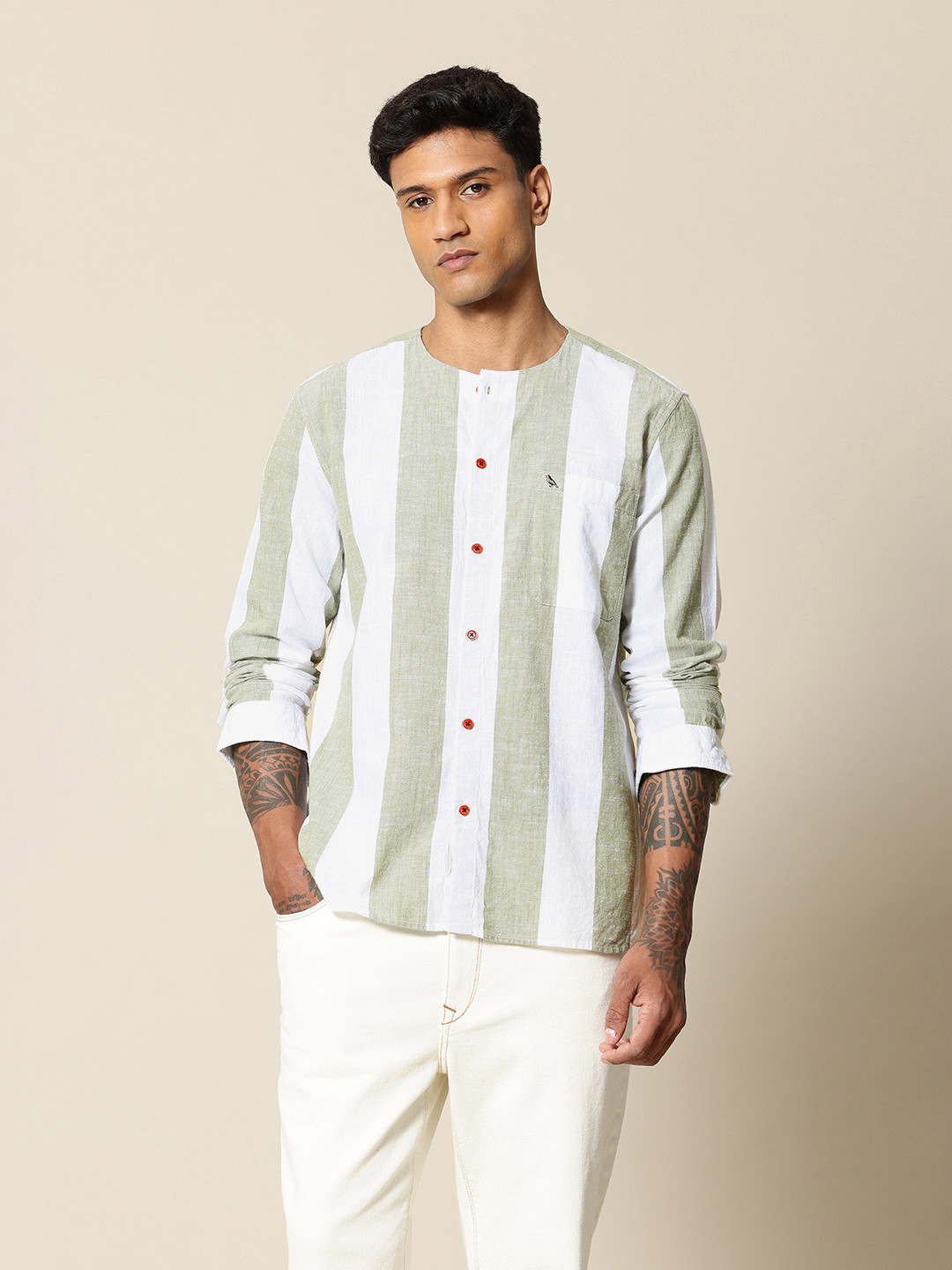 

Mr Bowerbird Liberal Fit Self Striped Cotton Linen Casual Shirt, White