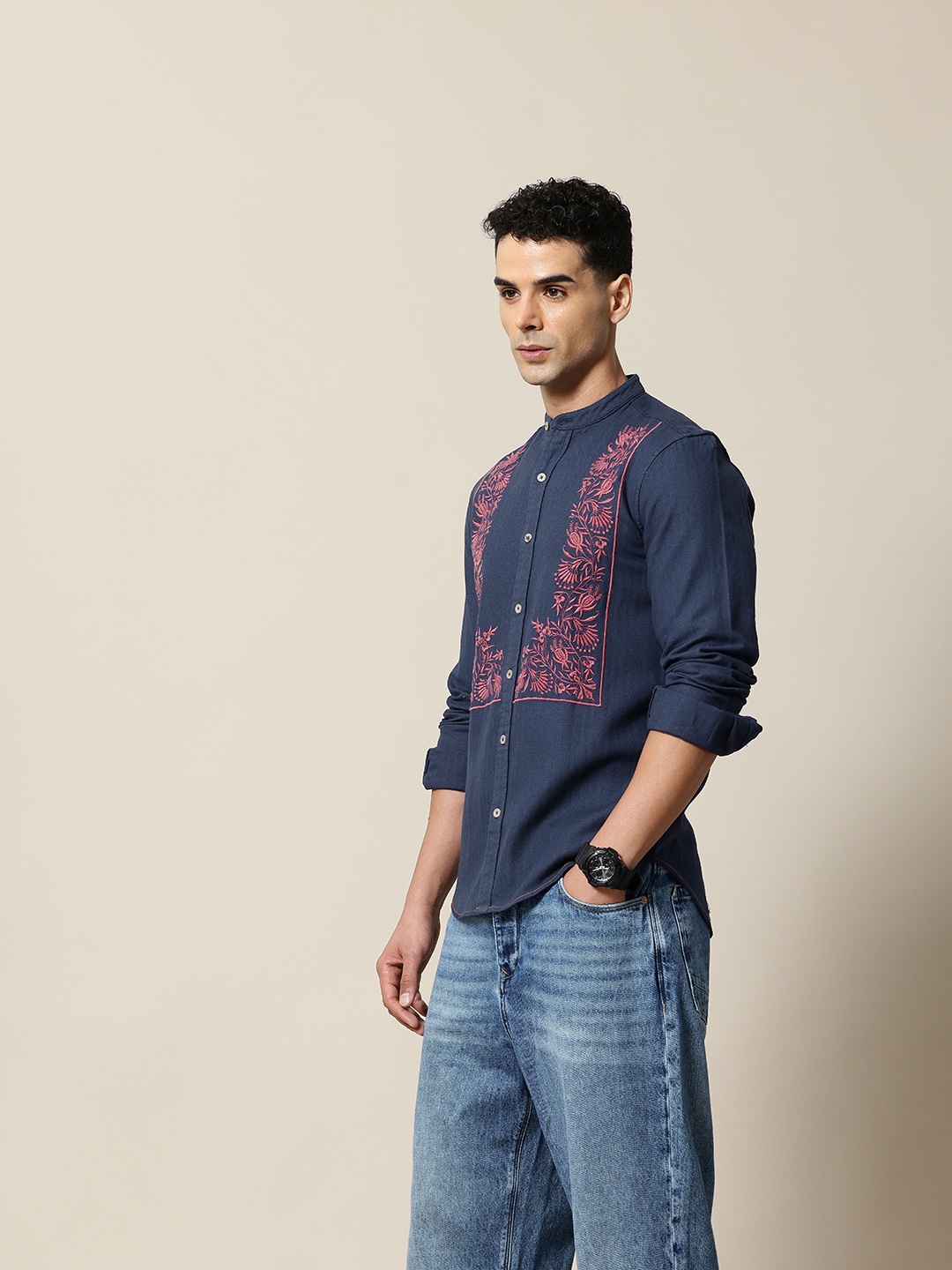 

Mr Bowerbird Pure Cotton Tailored Fit Rumi Bib Embroidered Shirt, Navy blue