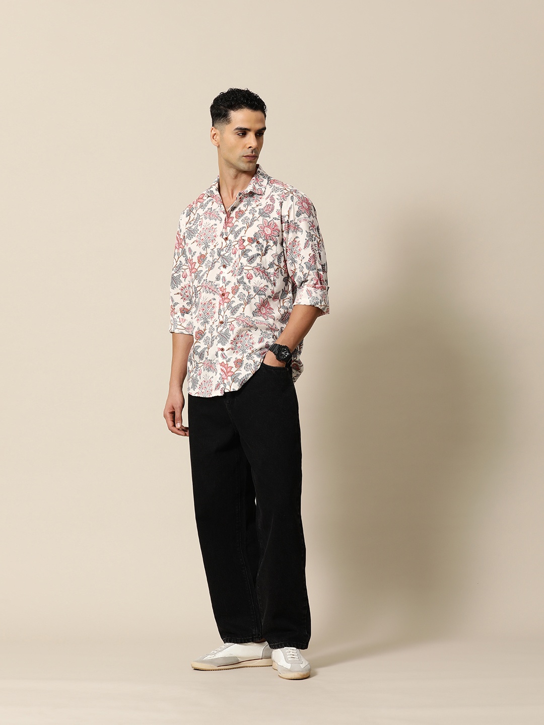 

Mr Bowerbird Pure Cotton Tailored Fit Baagh Hand Block Printed Urban Shirt, White