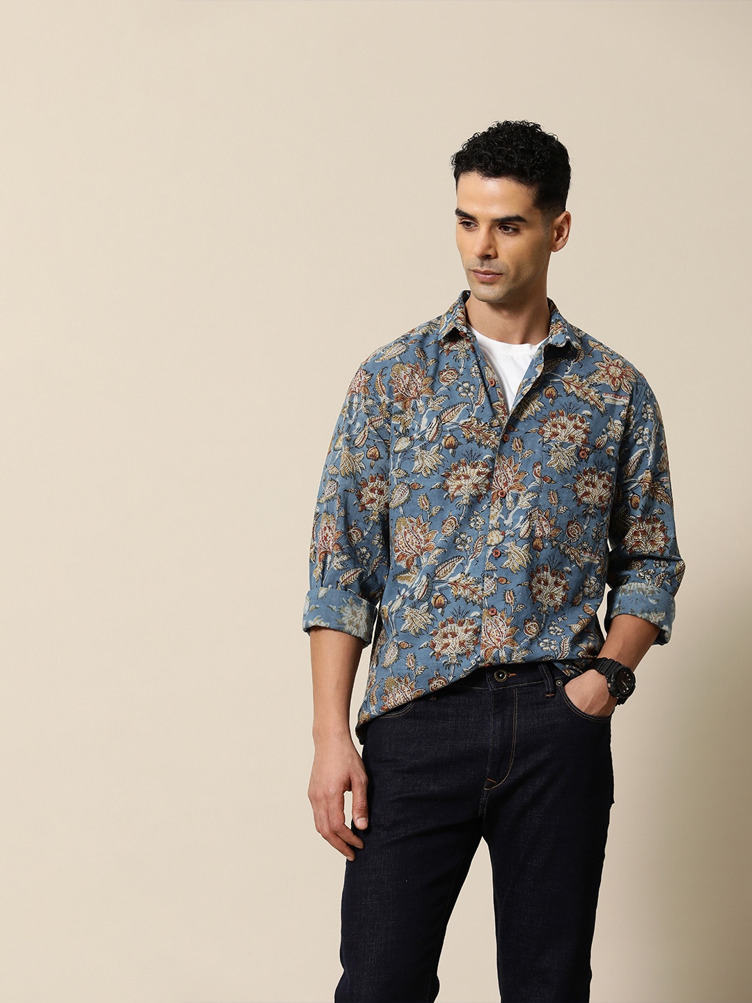 

Mr Bowerbird Pure Cotton Tailored Fit Baagh Hand Block Printed Urban Shirt, Blue