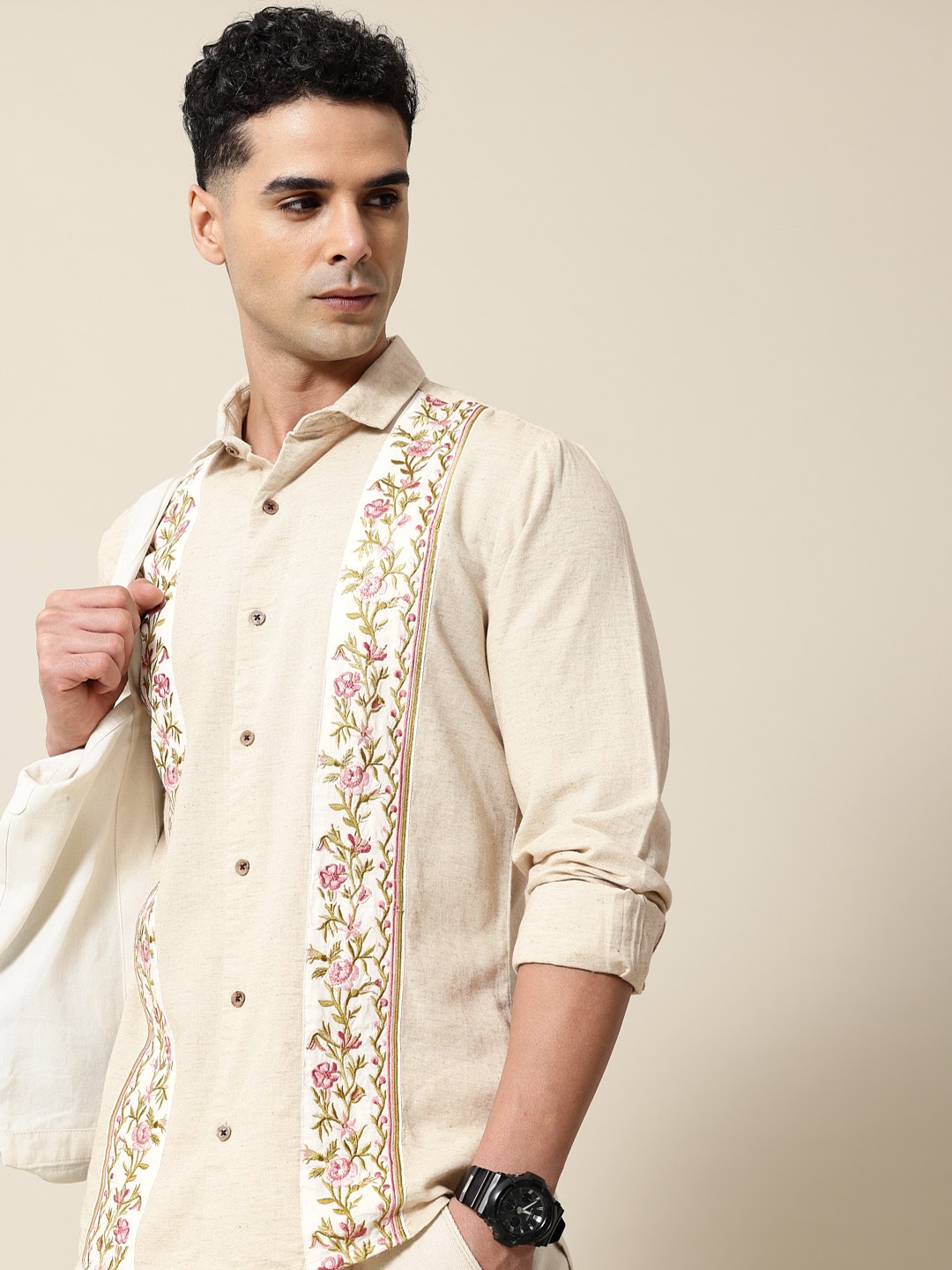 

Mr Bowerbird Cotton Linen Tailored Fit Floral Embroidered Opaque Casual Shirt, Beige