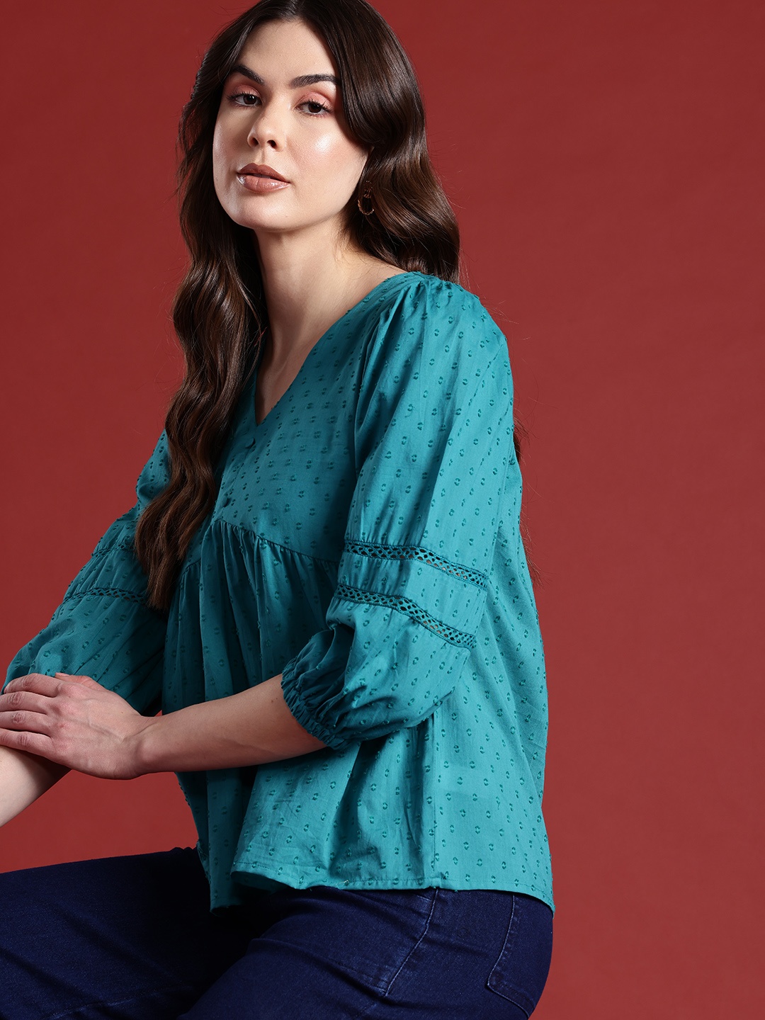 

all about you Lace Detailed Puff Sleeves Pure Cotton A-Line Top, Green