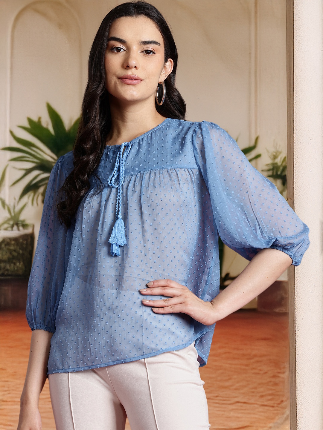 

all about you Dobby Woven Tie-Up Neck Puff Sleeve Top, Blue