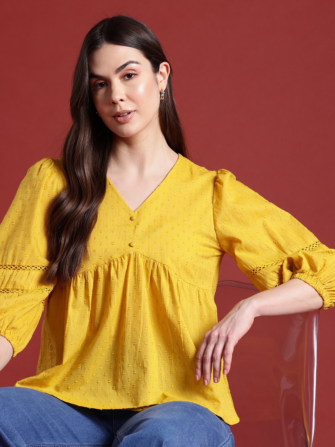 

all about you Lace Detailed Puff Sleeves Pure Cotton A-Line Top, Mustard