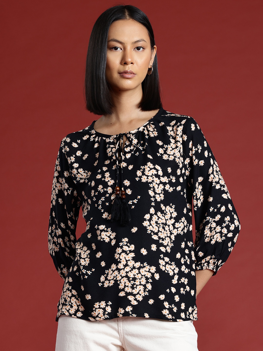 

all about you Floral Print Tie-Up Neck Puff Sleeves Top, Black