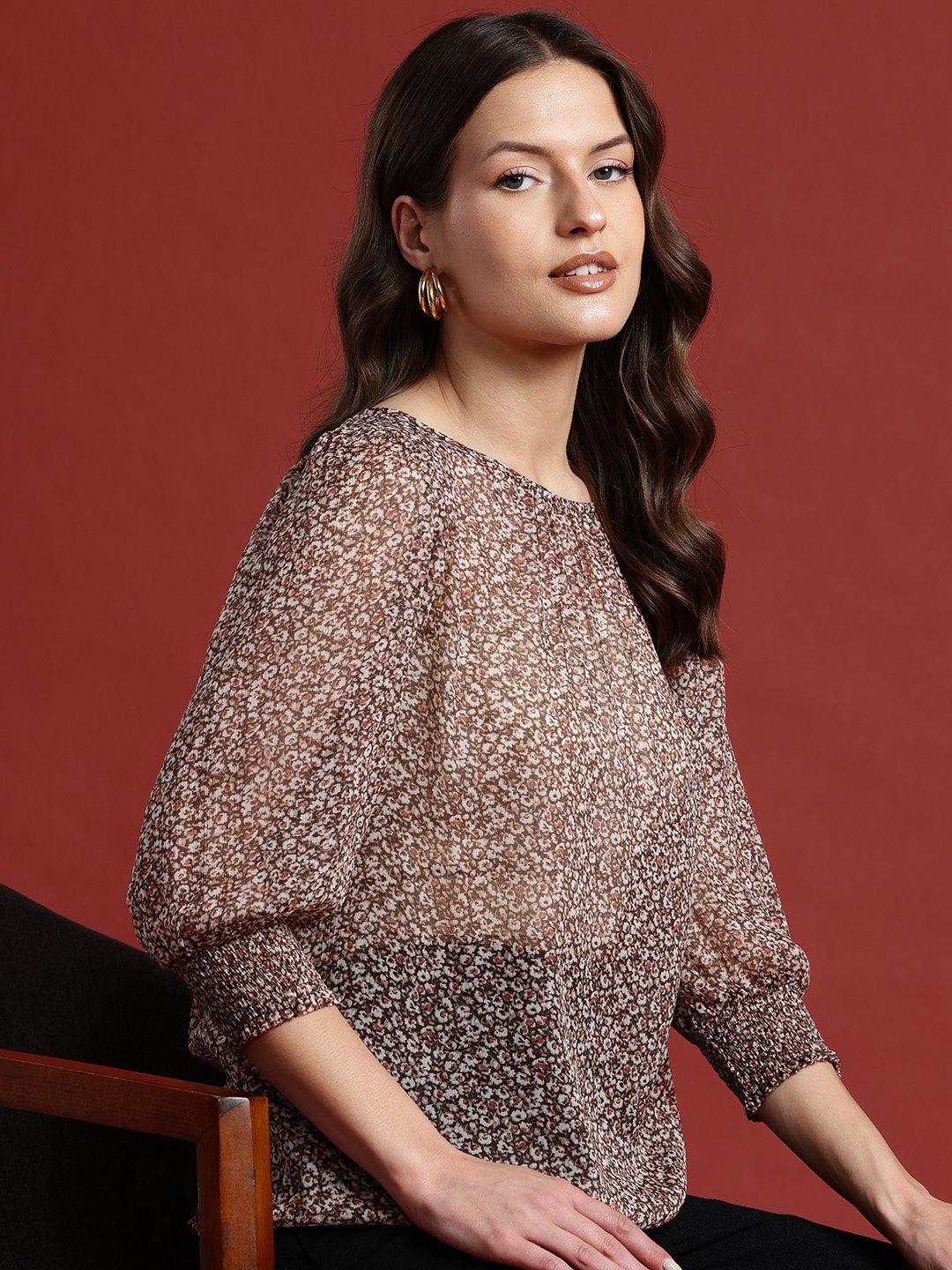 

all about you Micro Ditsy Print Puff Sleeve Sheer Top, Brown