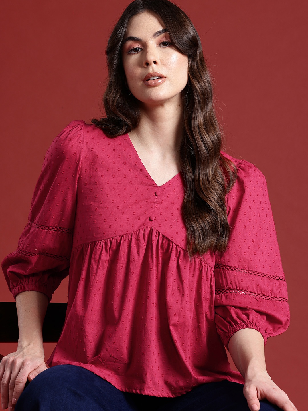 

all about you Lace Detailed Puff Sleeves Pure Cotton A-Line Top, Red
