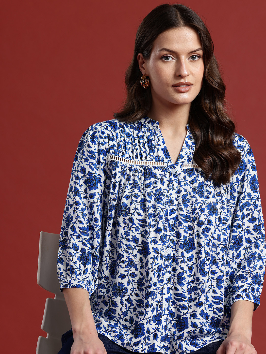 

all about you Floral Print Mandarin Collar Shirt Style Top, White