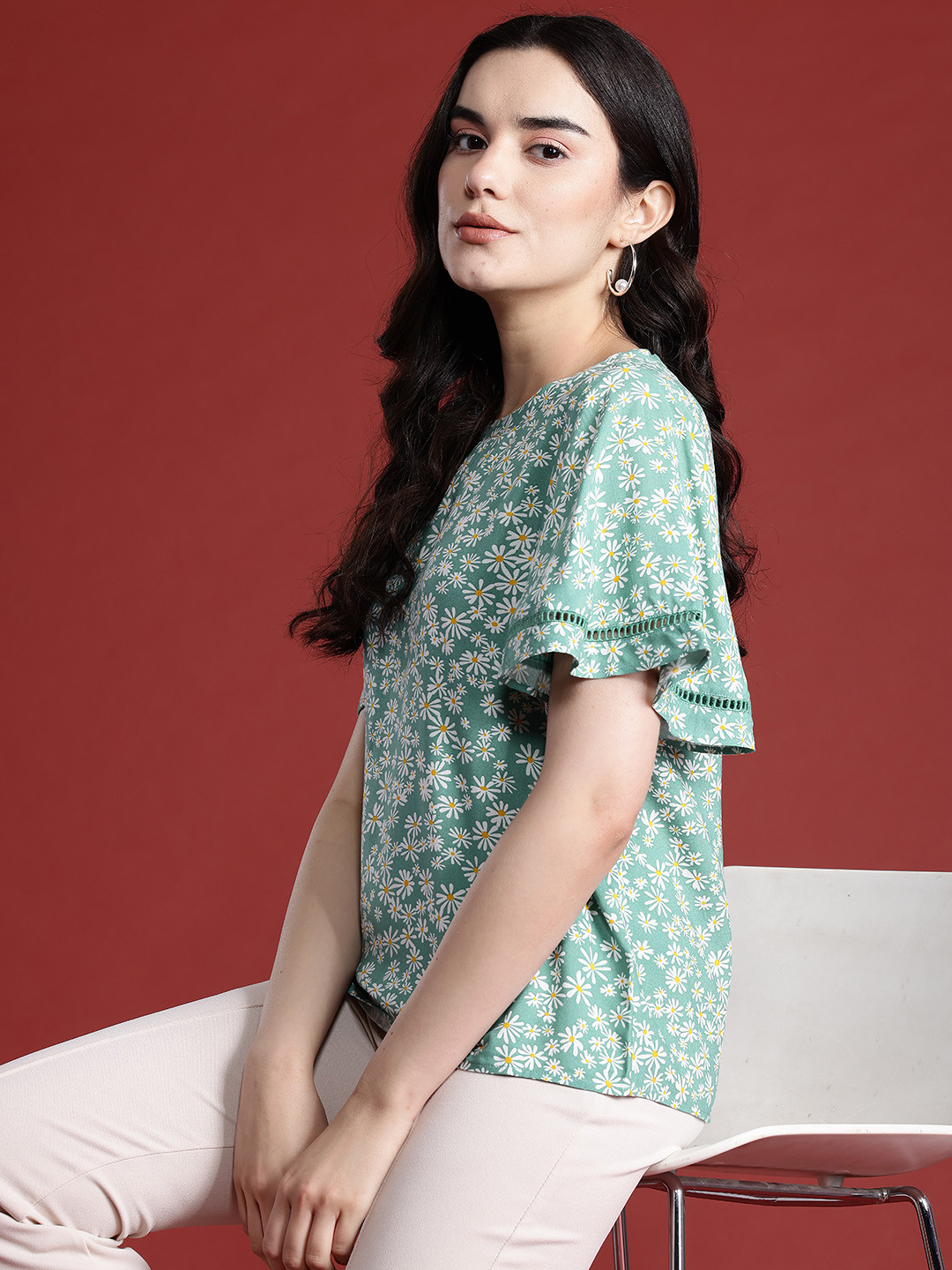 

all about you Floral Print Flutter Sleeves Top, Green
