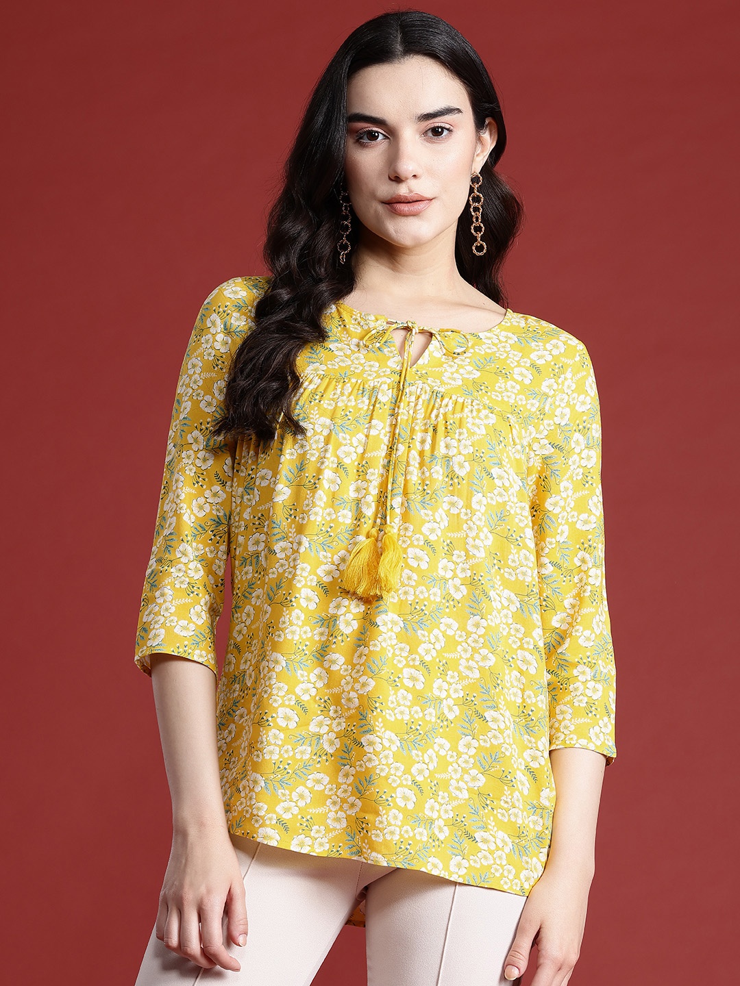 

all about you Floral Print Tie-Up Neck Top, Yellow