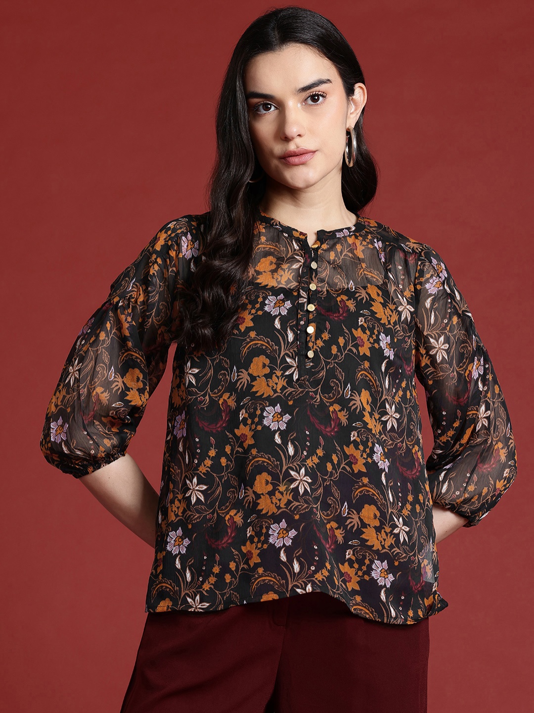 

all about you Floral Print Mandarin Collar Puff Sleeve Top, Black